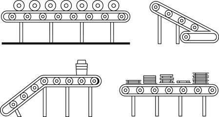 Industrial conveyor belt system illustration, factory automation, production line equipment, material handling, manufacturing process, assembly line, packaging conveyor, machinery design