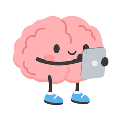 Brain Cartoon Character Holding a Tablet