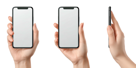 Three hands hold modern smartphones, showing front and side views