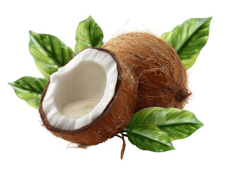Fresh whole and halved coconut with green leaves on black background
