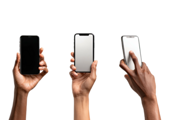 Three hands hold smartphones against a black background