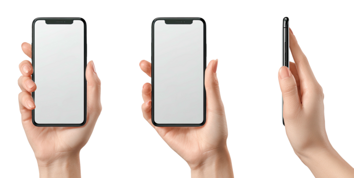 Three hands hold modern smartphones, showing front and side views