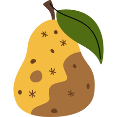 Illustration of a yellow pear with brown spots and a green leaf on a transparent background representing decay or imperfection in a stylized fruit design