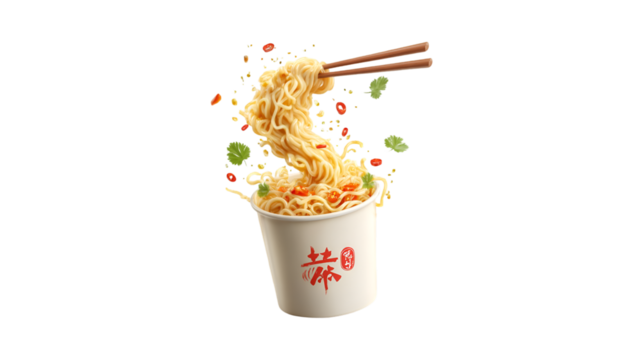 Chopsticks lift a swirl of spicy instant noodles from a cup with fresh chili and herbs floating in the air creating a delicious and dynamic food presentation