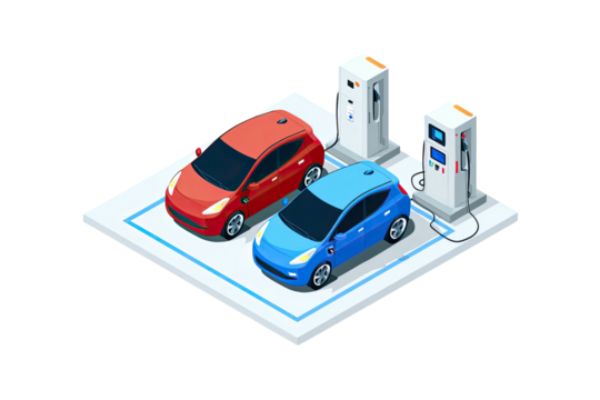 Two electric cars charging at stations on a white platform