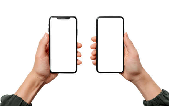 Two hands holding blank screen smartphones on black background - Powered by Adobe
