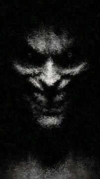 Scary Scene - Grotesque Face Emerging from Darkness with Sharp Teeth Deep Shadows and Sinister Grin in Stark Horror Lighting, Animation Made of Sharp Fragments