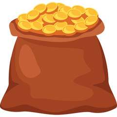 A brown burlap sack overflowing with shiny golden coins against a transparent background symbolizing wealth and treasure