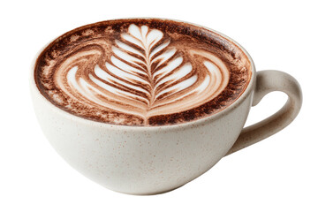 A creamy coffee drink with intricate frothy art in a textured cup