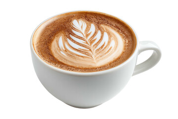 A white cup of coffee with intricate latte art on a transparent background