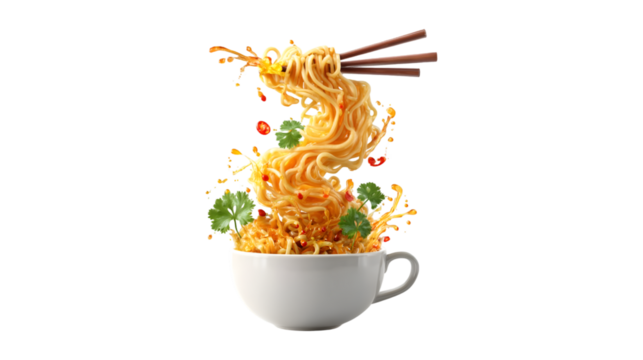 Chopsticks lift a swirl of spicy noodles with cilantro and chili peppers from a white cup creating a delicious splash
