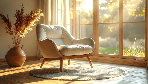 Cozy armchair with soft fabric and warm lighting in modern living room, minimalist home decor concept