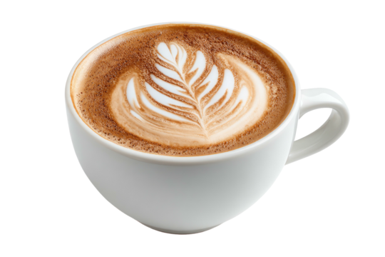 A white cup of coffee with intricate latte art on a transparent background