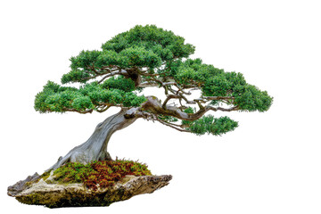 Artfully sculpted miniature tree, rooted on rock, with lush green foliage