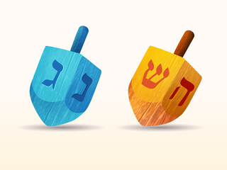 Hanukkah dreidel clipart. Happy Hanukkah creative 3d icons with a colored dreydl. Translation - nun, gimel, hey, shin. Vector illustration for the Festival of Lights