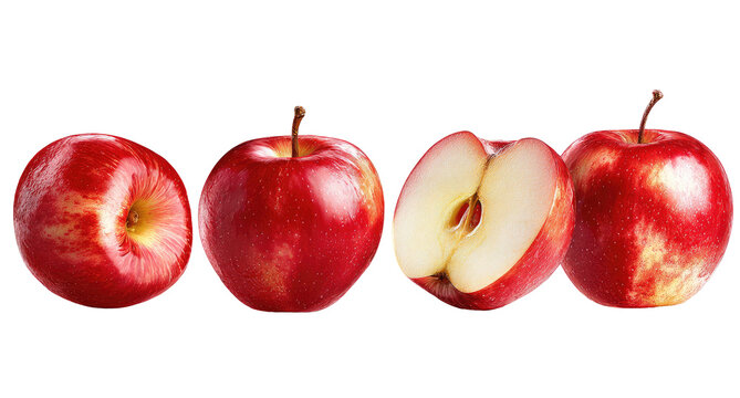 Four vibrant red apples, one halved, on a black background