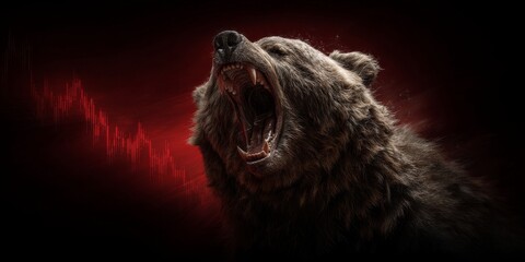 Bear Market Roaring Grizzly with Red Downtrend Line on Dark Background