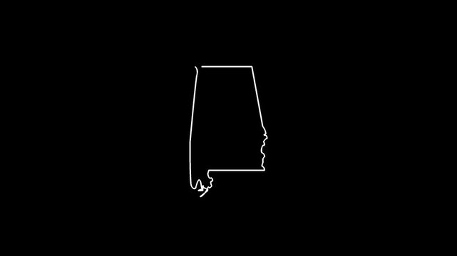 Neon map of Alabama outline in the united states, loop animation transparent Background. digital neon Alabama map icon isolated on motion background.
 - Powered by Adobe
