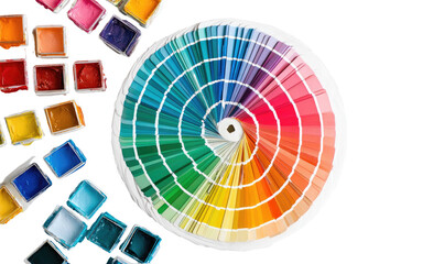 Vibrant watercolor paints and a circular color palette arranged artistically