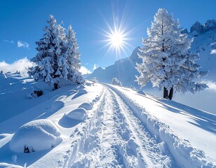 Sunny mountain scene with snow-covered trees and a winding path