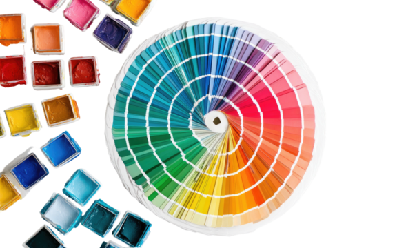 Vibrant watercolor paints and a circular color palette arranged artistically