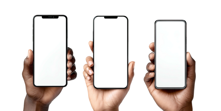 Three hands holding smartphones with blank screens (1)