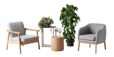 Two armchairs, table with glasses and plants, black background