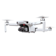White drone with two cameras and red lights, folded arms