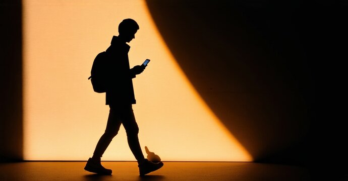 Silhouette walks, focused on phone. Dramatic lighting creates strong contrast, emphasizing movement, modern style. Minimalist composition.