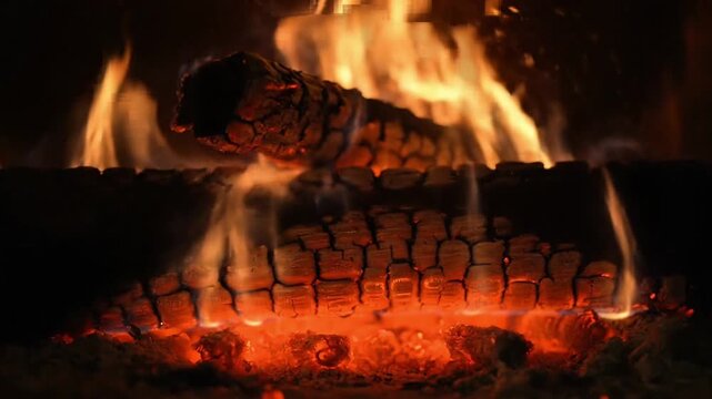 Close-up view of burning firewood inside a fireplace, with flames and glowing embers. - Powered by Adobe