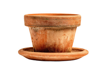 Aged terracotta plant pot with matching saucer, weathered look