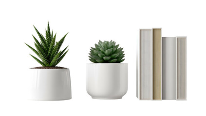 Two potted succulents and three books arranged on a surface