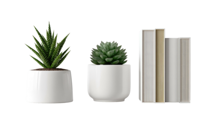 Two potted succulents and three books arranged on a surface