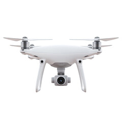 A white drone with four propellers and a camera underneath