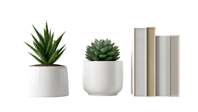 Two potted succulents and three books arranged on a surface - Powered by Adobe