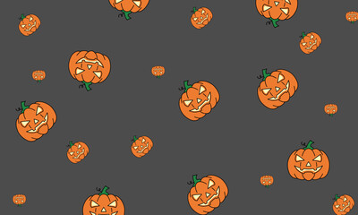 Seamless Halloween pumpkin pattern featuring carved jack-o’-lantern faces in bright orange tones, ideal for seasonal wrapping paper, fabric, or holiday backgrounds.