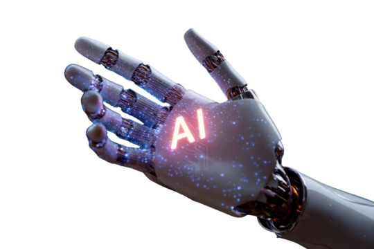 The AI Hand of Progress: A futuristic, metallic hand, adorned with glowing elements and the prominent AI symbol, symbolizes the dawn of artificial intelligence and its potential impact. 