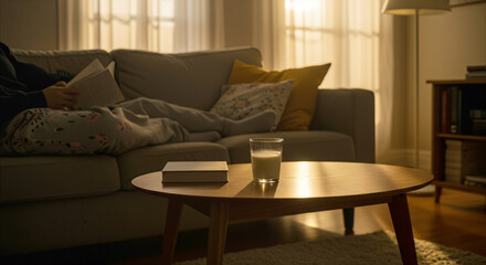 Cozy Living Room Scene with Couch and Coffee Table.