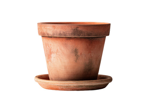 A rustic terracotta pot with a matching saucer sits against a black background