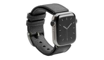 Sleek smartwatch with dark leather band and minimalist display