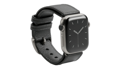 Sleek smartwatch with dark leather band and minimalist display