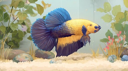 Illustration of ornamental betta fish with its bright colors and long, elegant fins