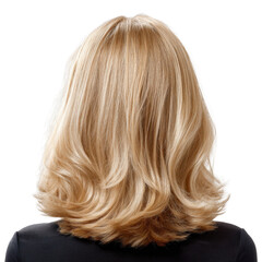 Naklejka premium Golden Locks: A detailed view of styled, radiant, and flowing blonde hair. The strands cascade in soft waves, exuding a sense of elegance.