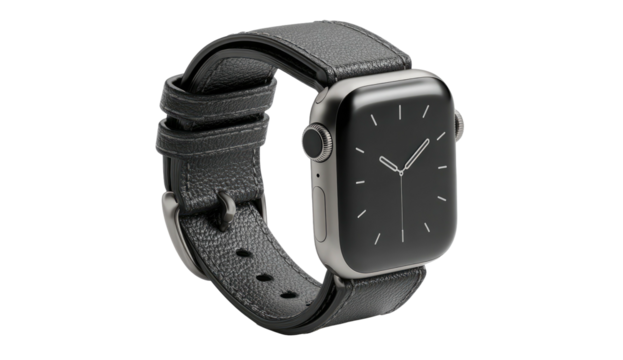 Sleek smartwatch with dark leather band and minimalist display