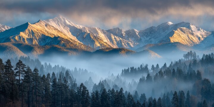 Golden Hour Mountains with Foggy Forest: Majestic Alpine Landscape Scenery