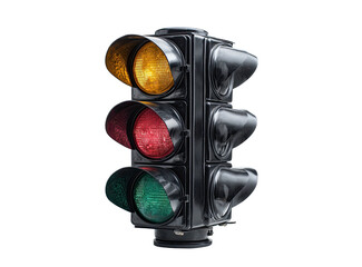 Vertical traffic signal with illuminated yellow, red, and green lights