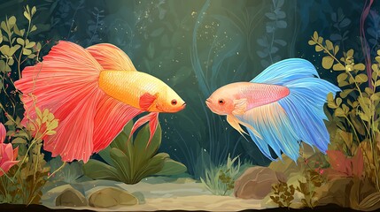 Illustration of ornamental betta fish with its bright colors and long, elegant fins