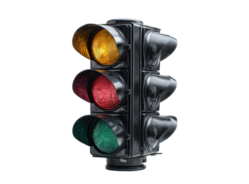 Vertical traffic signal with illuminated yellow, red, and green lights