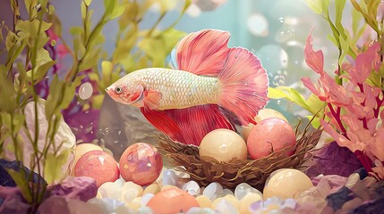 Illustration of ornamental betta fish with its bright colors and long, elegant fins