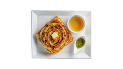 A golden flaky flatbread topped with melting butter served on a white plate with clarified butter and a green herb sauce